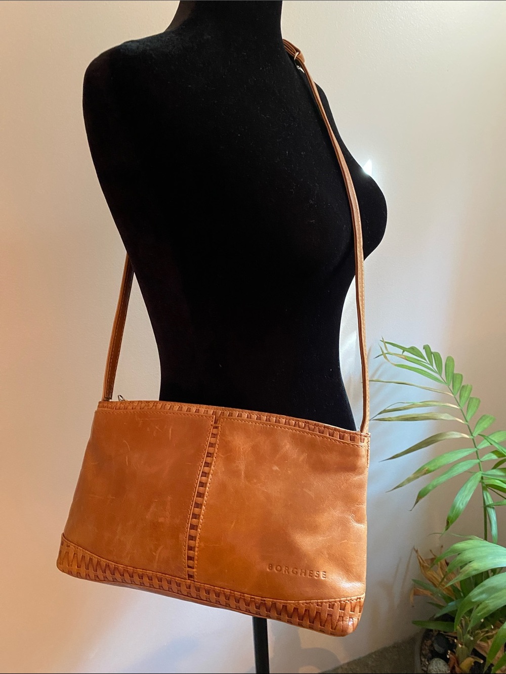Vintage Borghese Tan Leather Woven Crossbody  Bag.
